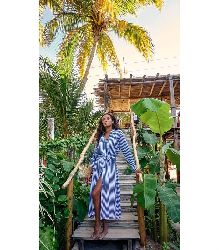 Lange Wijd Uitlopende Jurk Met Strepen 2 Lange Wijd Uitlopende Jurk Met Strepen - Afbeelding 2