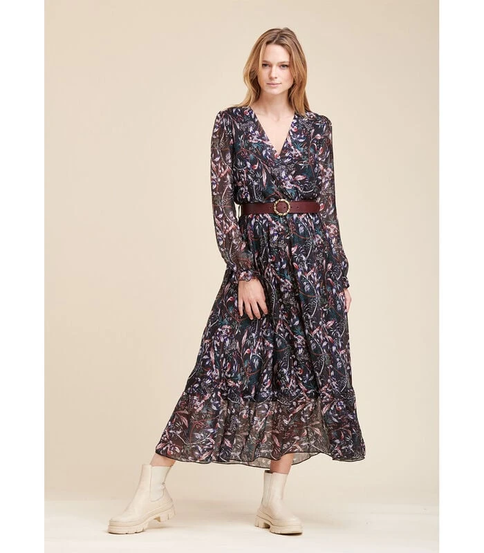 Lange Jurk Met Bloemrijke Print In Viscose En Zijden Sluier 1 Lange Jurk Met Bloemrijke Print In Viscose En Zijden Sluier