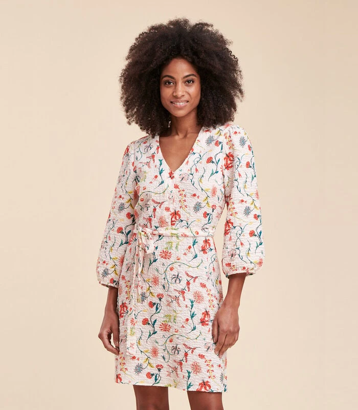 Korte Jurk In Reliëfkatoen Met Bloemenprint 2 Korte Jurk In Reliëfkatoen Met Bloemenprint - Afbeelding 2