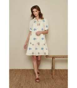 Tuniekjurk In Ecru Met Blauwe En Bruine Fantasies