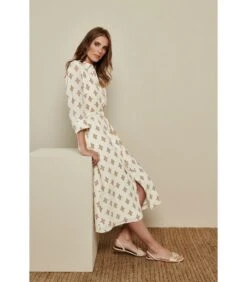 Ecru Midi-jurk Met Bi-color Jacquard Motief