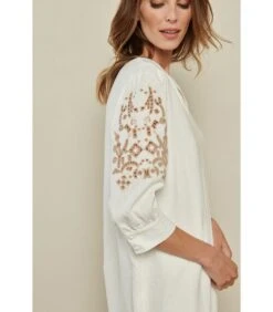 Witte Linnen Jurk Met Beige Details -Dames Outfits Winkel bd8c08fb72764709a6f17af8e7ad3258